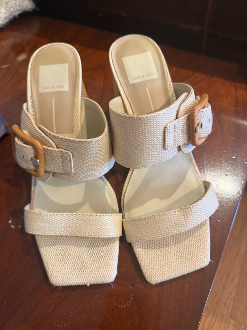 Dolce Vita Posy Neutral Woven Buckle block sandals